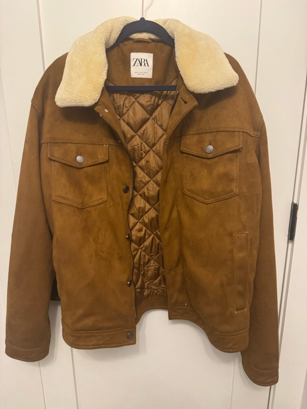 ZARA Men's Brown Suede Bomber Jacket with Cream Sherpa Collar